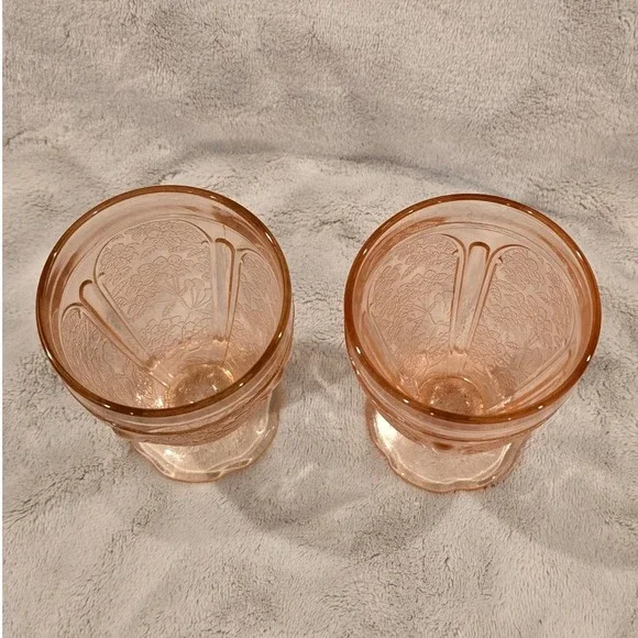 Vintage Jeannette Pink Cherry Blossom Tumblers 4.5" Scalloped Footed AOP Set of2 - Picture 2 of 4